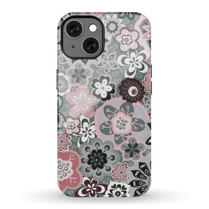 iPhone 13 StrongFit Beautiful Bouquet of Blooms-Dark Grey and Pink by Paula Ohreen