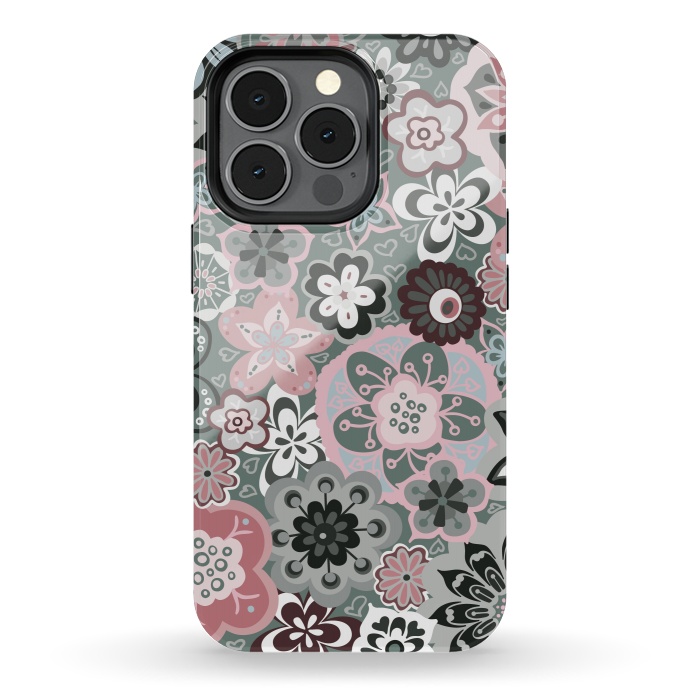 iPhone 13 pro StrongFit Beautiful Bouquet of Blooms-Dark Grey and Pink by Paula Ohreen