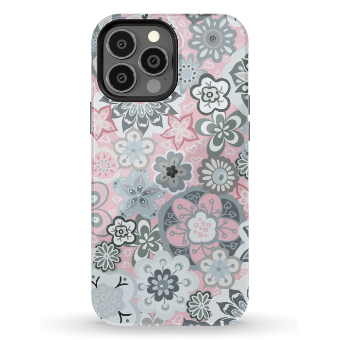 iPhone 13 Pro Max StrongFit Beautiful Bouquet of Blooms-Light grey and pink by Paula Ohreen