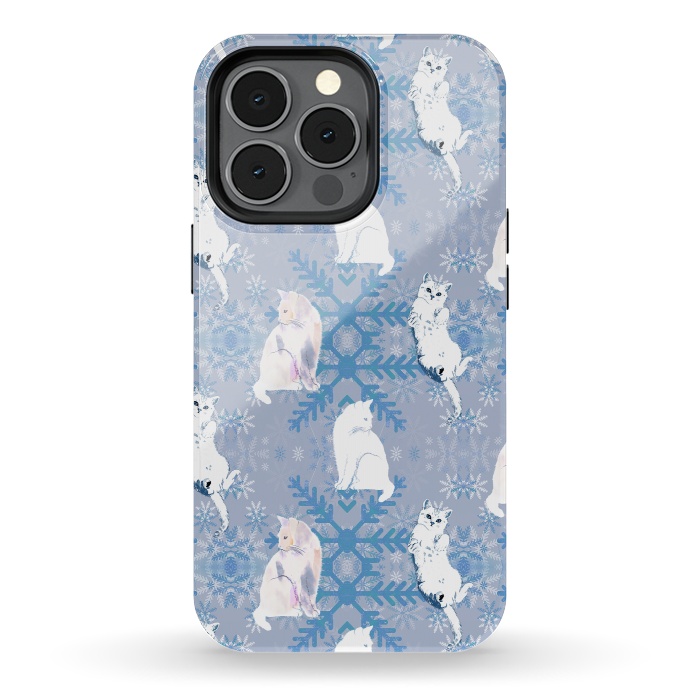 iPhone 13 pro StrongFit Cute white cats and blue Christmas snowflakes by Oana 