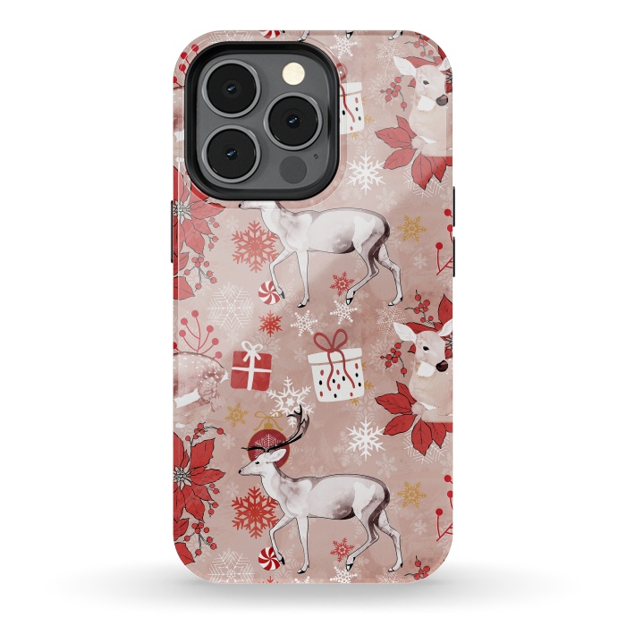 iPhone 13 pro StrongFit Deers and Christmas ornaments red pink by Oana 