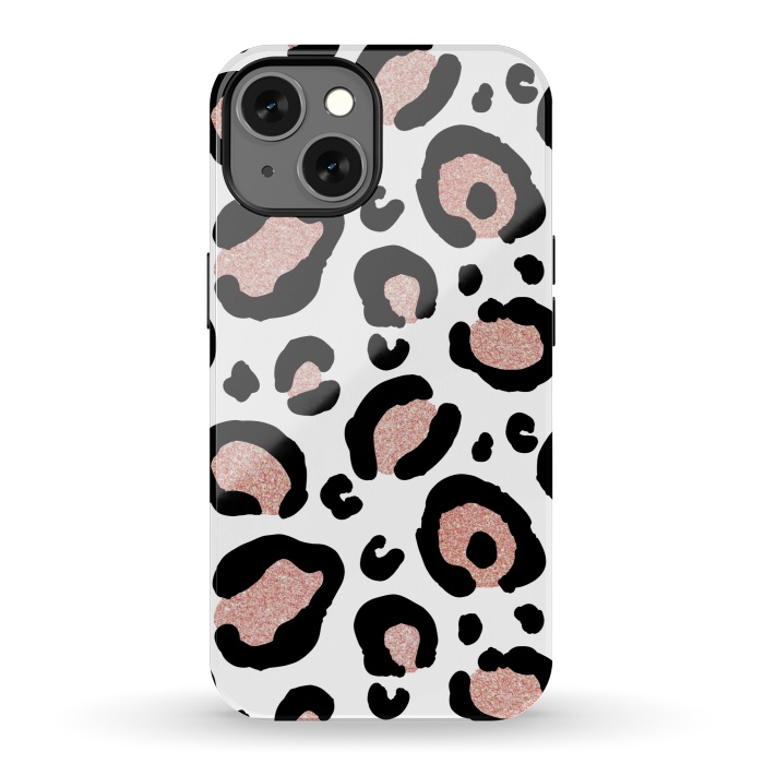 iPhone 13 StrongFit Rose Gold Glitter Leopard Print by Julie Erin Designs