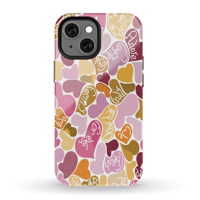 iPhone 13 mini StrongFit Love hearts with loving words in pink and orange by Paula Ohreen