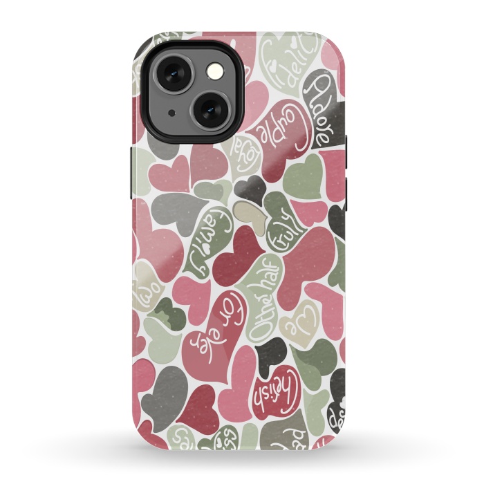 iPhone 13 mini StrongFit Love hearts with loving words in pink and green by Paula Ohreen