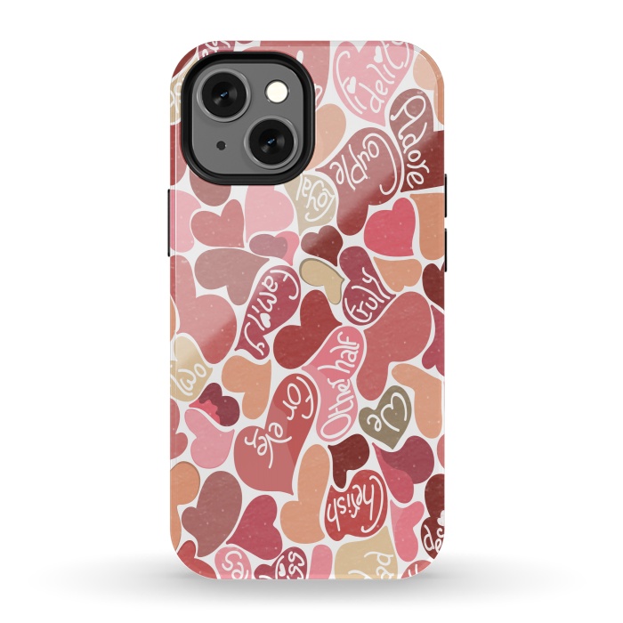 iPhone 13 mini StrongFit Love hearts with loving words in red and beige by Paula Ohreen