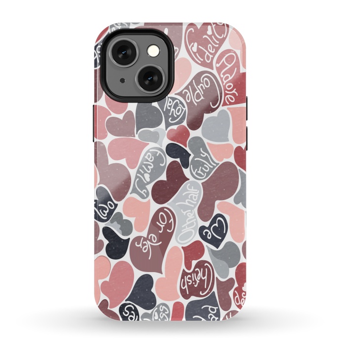 iPhone 13 mini StrongFit Love hearts with loving words in pink and grey by Paula Ohreen