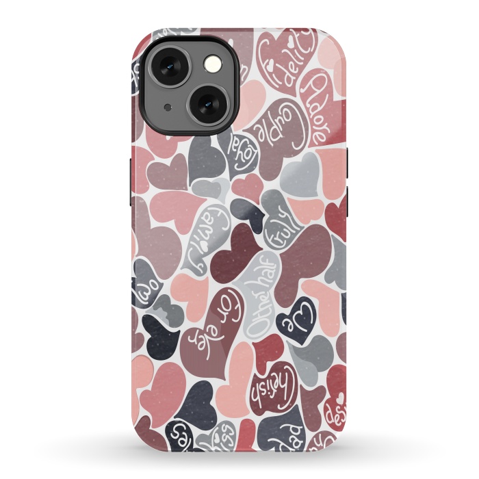 iPhone 13 StrongFit Love hearts with loving words in pink and grey by Paula Ohreen