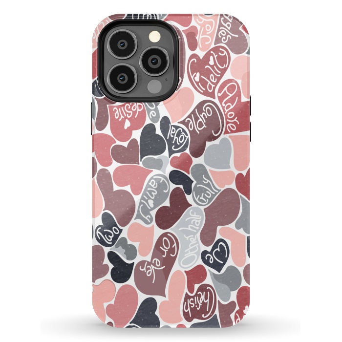 iPhone 13 Pro Max StrongFit Love hearts with loving words in pink and grey by Paula Ohreen