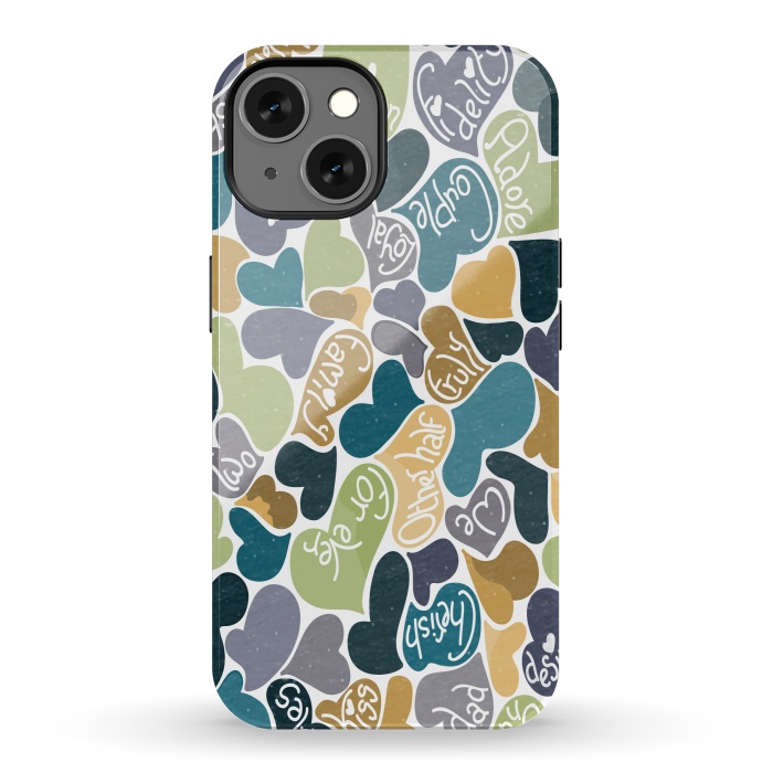 iPhone 13 StrongFit Love hearts with loving words in blue and green by Paula Ohreen