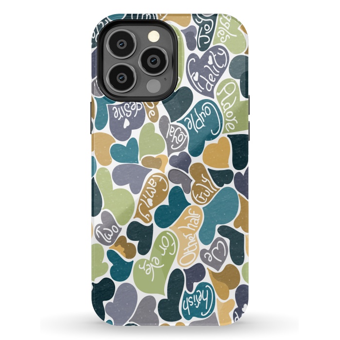 iPhone 13 Pro Max StrongFit Love hearts with loving words in blue and green by Paula Ohreen