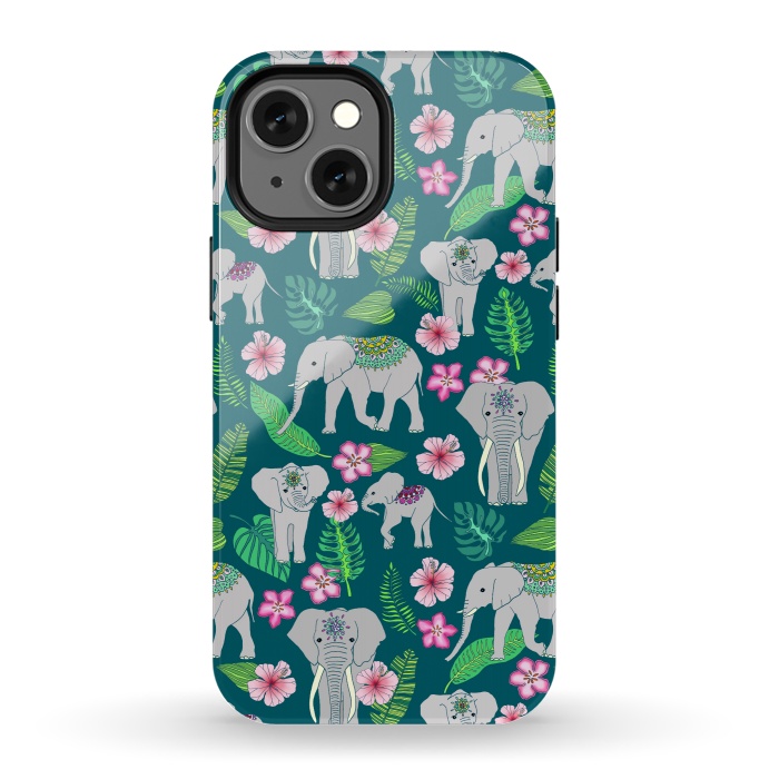 iPhone 13 mini StrongFit Elephants of the Jungle on Green by Tangerine-Tane