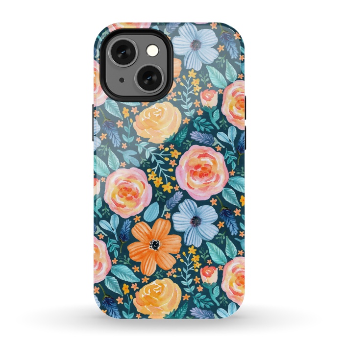 iPhone 13 mini StrongFit Bold Blooms on Dark Teal by Tangerine-Tane