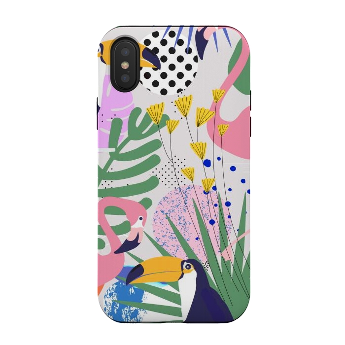 iPhone Xs / X StrongFit Tropical Spring | Pastel Quirky Modern Bohemian Jungle Botanical | Flamingo Palm Cockatoo Birds by Uma Prabhakar Gokhale