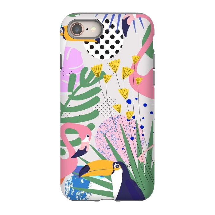 iPhone 8 StrongFit Tropical Spring | Pastel Quirky Modern Bohemian Jungle Botanical | Flamingo Palm Cockatoo Birds by Uma Prabhakar Gokhale