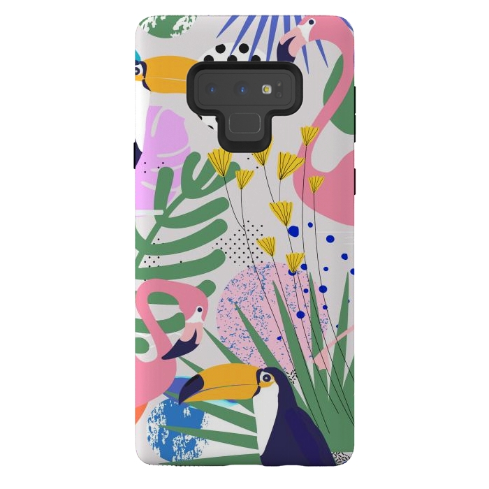 Galaxy Note 9 StrongFit Tropical Spring | Pastel Quirky Modern Bohemian Jungle Botanical | Flamingo Palm Cockatoo Birds by Uma Prabhakar Gokhale