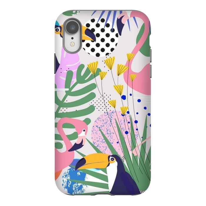 iPhone Xr StrongFit Tropical Spring | Pastel Quirky Modern Bohemian Jungle Botanical | Flamingo Palm Cockatoo Birds by Uma Prabhakar Gokhale