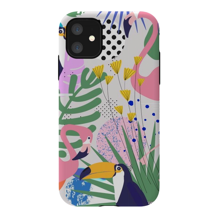 iPhone 11 StrongFit Tropical Spring | Pastel Quirky Modern Bohemian Jungle Botanical | Flamingo Palm Cockatoo Birds by Uma Prabhakar Gokhale