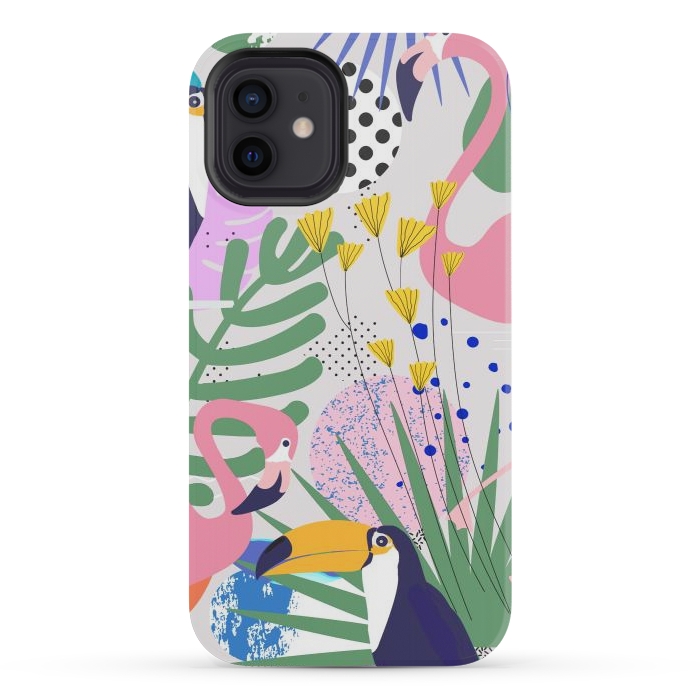 iPhone 12 mini StrongFit Tropical Spring | Pastel Quirky Modern Bohemian Jungle Botanical | Flamingo Palm Cockatoo Birds by Uma Prabhakar Gokhale