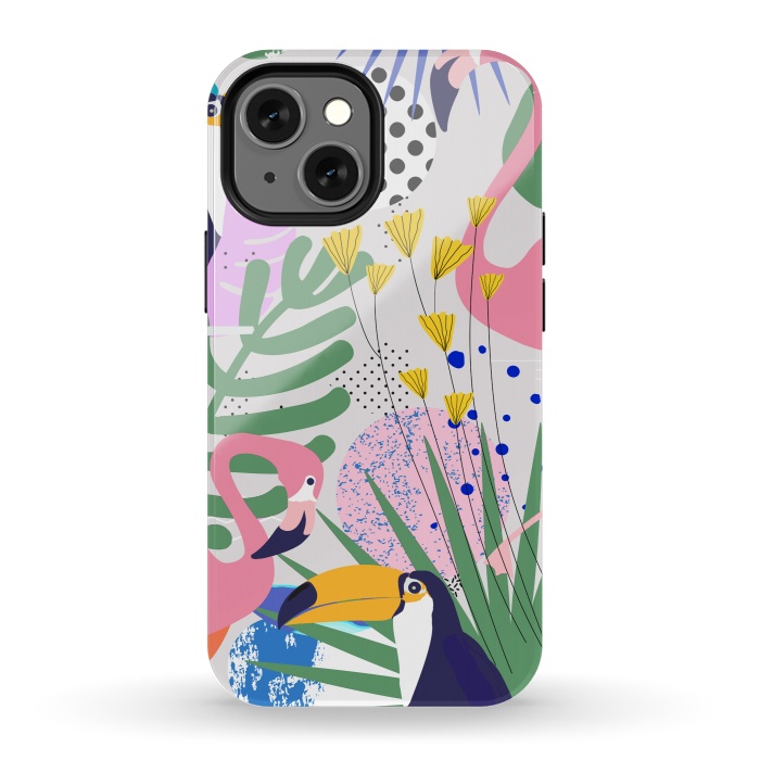 iPhone 13 mini StrongFit Tropical Spring | Pastel Quirky Modern Bohemian Jungle Botanical | Flamingo Palm Cockatoo Birds by Uma Prabhakar Gokhale