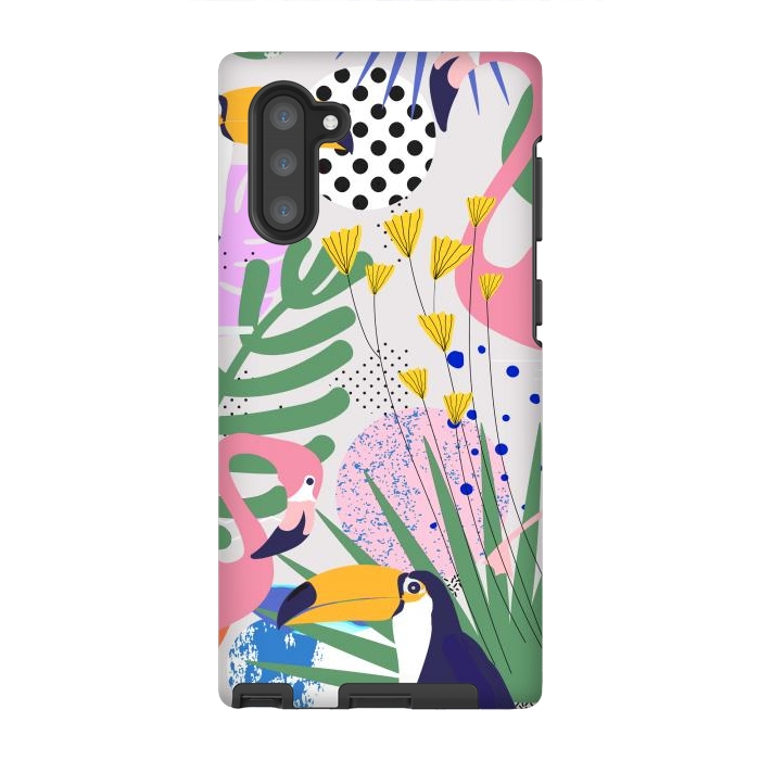 Galaxy Note 10 StrongFit Tropical Spring | Pastel Quirky Modern Bohemian Jungle Botanical | Flamingo Palm Cockatoo Birds by Uma Prabhakar Gokhale