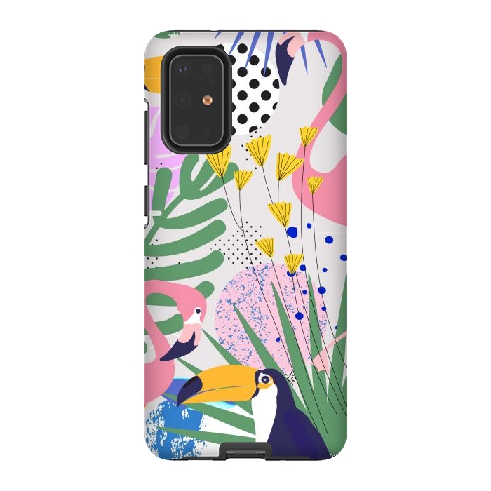 Galaxy S20 Plus StrongFit Tropical Spring | Pastel Quirky Modern Bohemian Jungle Botanical | Flamingo Palm Cockatoo Birds by Uma Prabhakar Gokhale