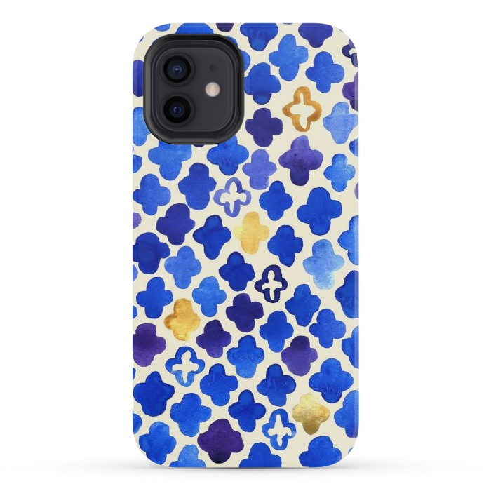 iPhone 12 mini StrongFit Rustic Watercolor Moroccan in Royal Blue & Gold by Tangerine-Tane