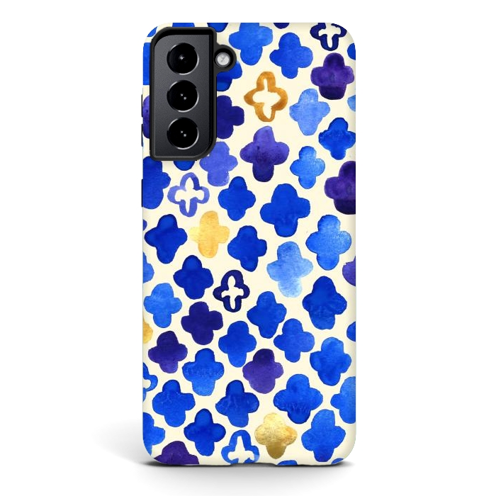Galaxy S21 StrongFit Rustic Watercolor Moroccan in Royal Blue & Gold by Tangerine-Tane