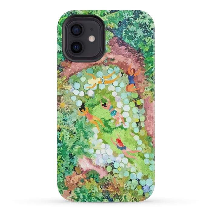 iPhone 12 mini StrongFit Tropical Vacay | Rainforest Jungle Botanical Lush Nature | Summer Lake People Swim | Boho Painting by Uma Prabhakar Gokhale
