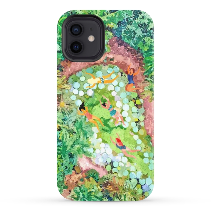iPhone 12 StrongFit Tropical Vacay | Rainforest Jungle Botanical Lush Nature | Summer Lake People Swim | Boho Painting by Uma Prabhakar Gokhale