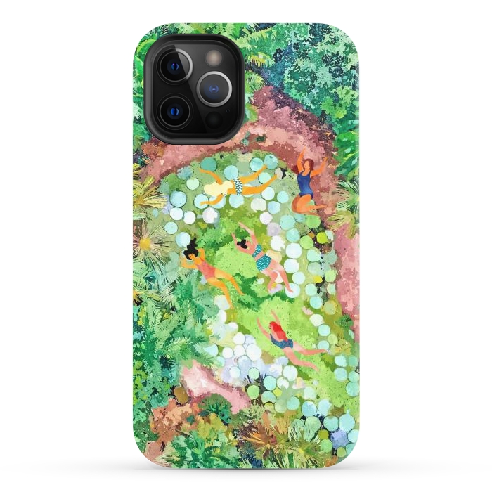 iPhone 12 Pro StrongFit Tropical Vacay | Rainforest Jungle Botanical Lush Nature | Summer Lake People Swim | Boho Painting by Uma Prabhakar Gokhale