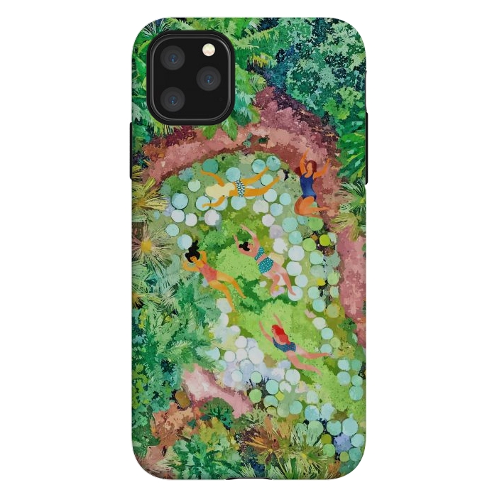 iPhone 11 Pro Max StrongFit Tropical Vacay | Rainforest Jungle Botanical Lush Nature | Summer Lake People Swim | Boho Painting by Uma Prabhakar Gokhale