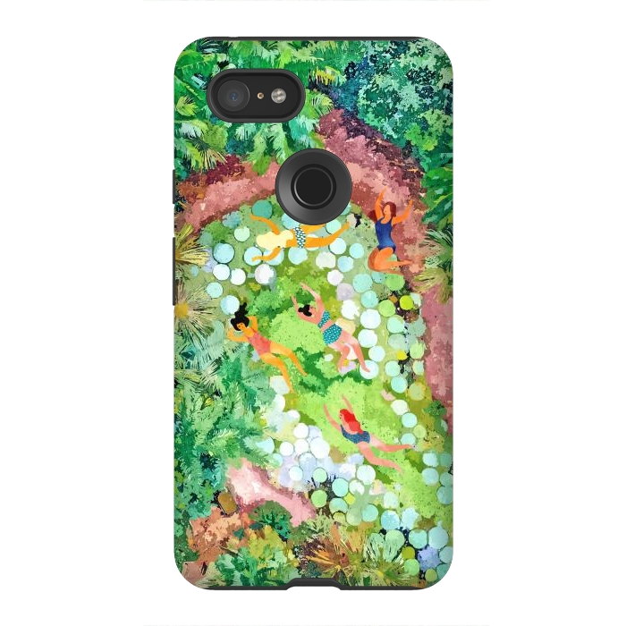 Pixel 3XL StrongFit Tropical Vacay | Rainforest Jungle Botanical Lush Nature | Summer Lake People Swim | Boho Painting by Uma Prabhakar Gokhale