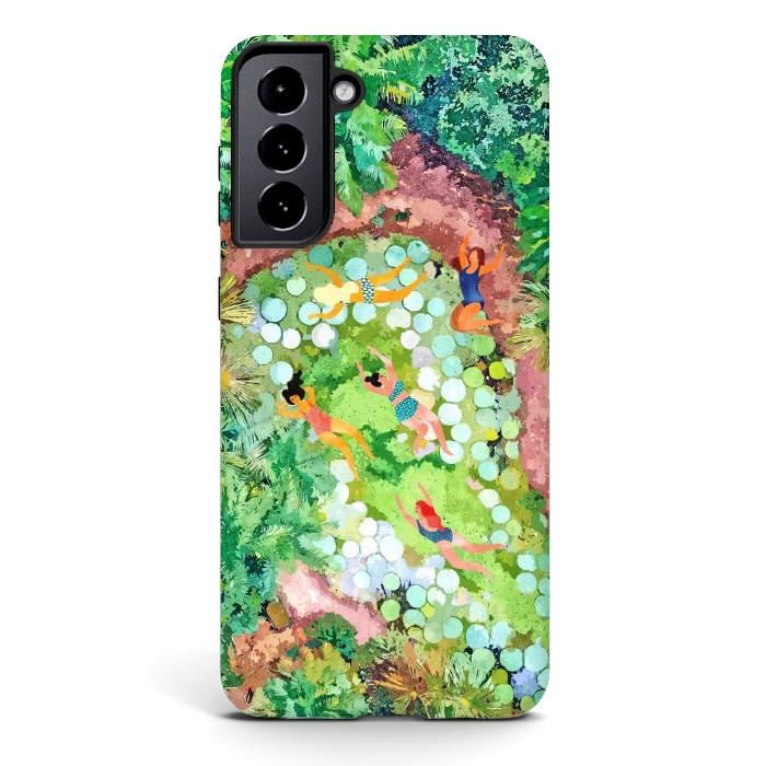 Galaxy S21 plus StrongFit Tropical Vacay | Rainforest Jungle Botanical Lush Nature | Summer Lake People Swim | Boho Painting by Uma Prabhakar Gokhale