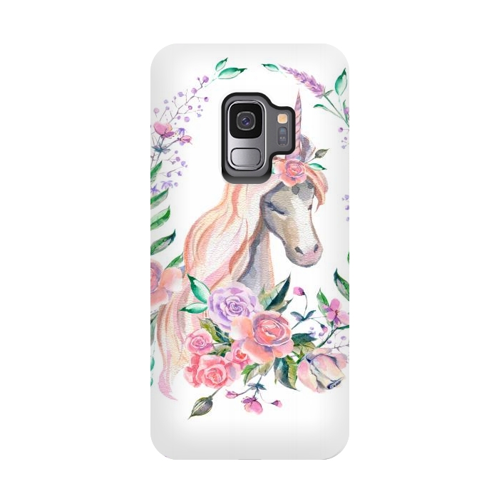 Galaxy S9 StrongFit watercolor floral unicorn by haroulita