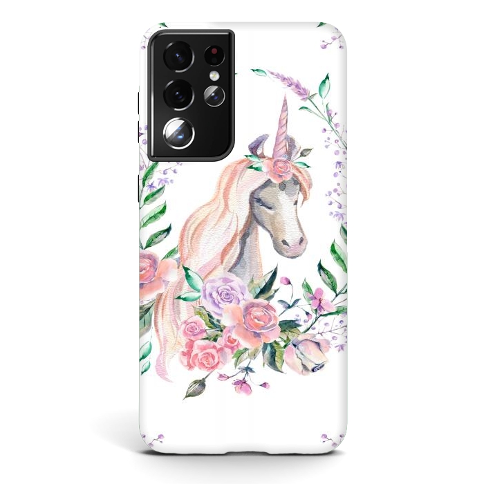 Galaxy S21 ultra StrongFit watercolor floral unicorn by haroulita