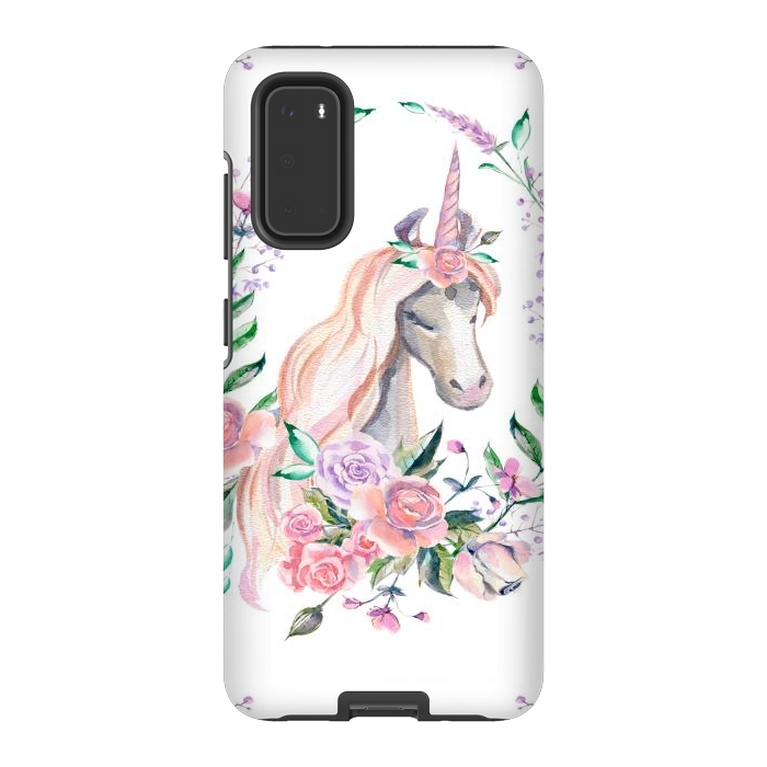 Galaxy S20 StrongFit watercolor floral unicorn by haroulita