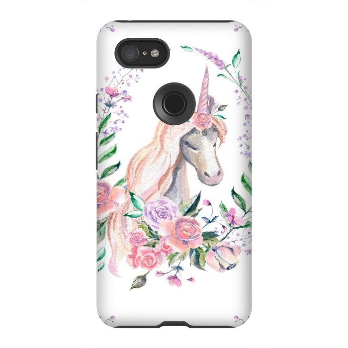 Pixel 3XL StrongFit watercolor floral unicorn by haroulita