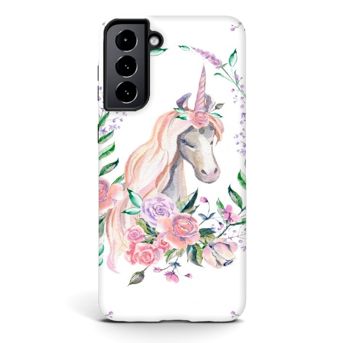 Galaxy S21 StrongFit watercolor floral unicorn by haroulita
