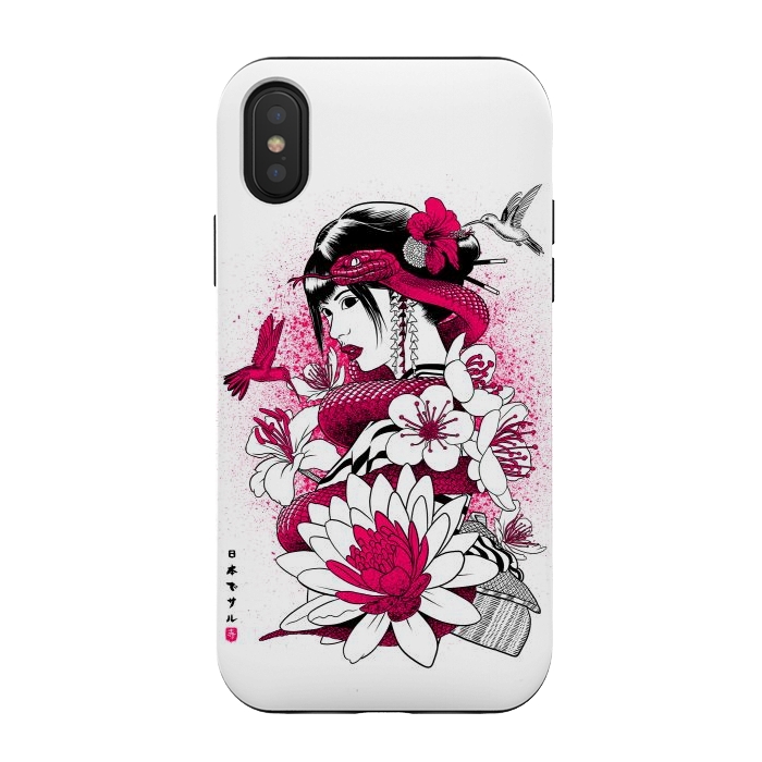 iPhone Xs / X StrongFit Geisha with snake and hummingbirds by Alberto