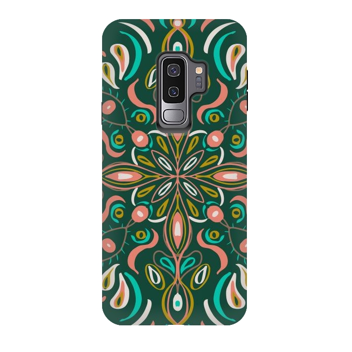 Galaxy S9 plus StrongFit Bold Boho Mandala in Green Coral and Gold by ECMazur 