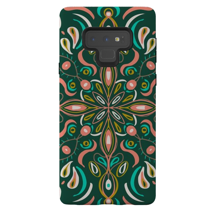 Galaxy Note 9 StrongFit Bold Boho Mandala in Green Coral and Gold by ECMazur 