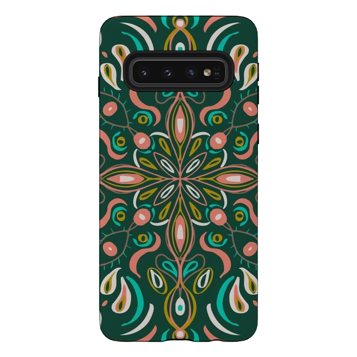 Galaxy S10 StrongFit Bold Boho Mandala in Green Coral and Gold by ECMazur 