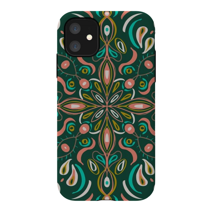 iPhone 11 StrongFit Bold Boho Mandala in Green Coral and Gold by ECMazur 