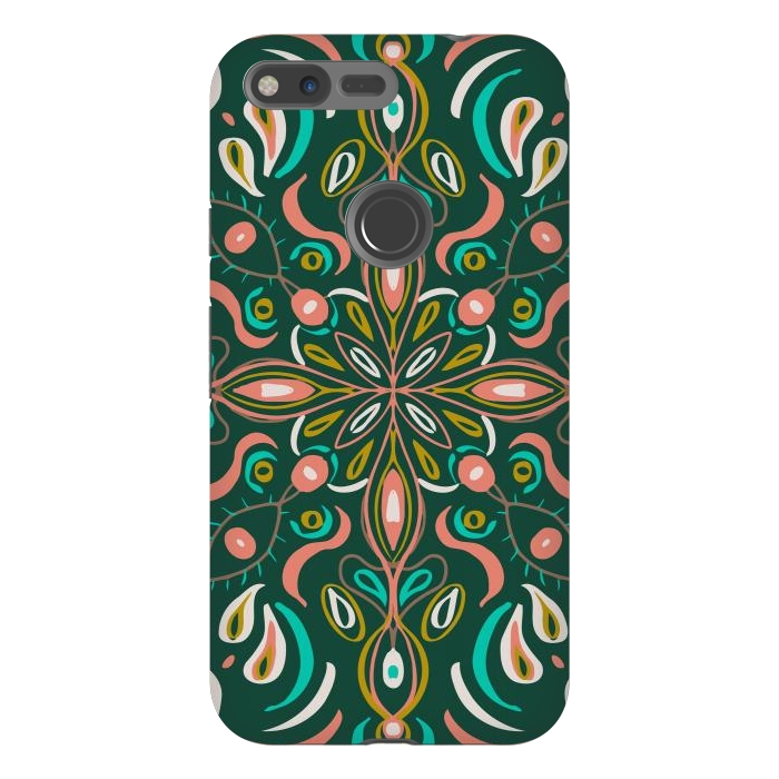 Pixel XL StrongFit Bold Boho Mandala in Green Coral and Gold by ECMazur 