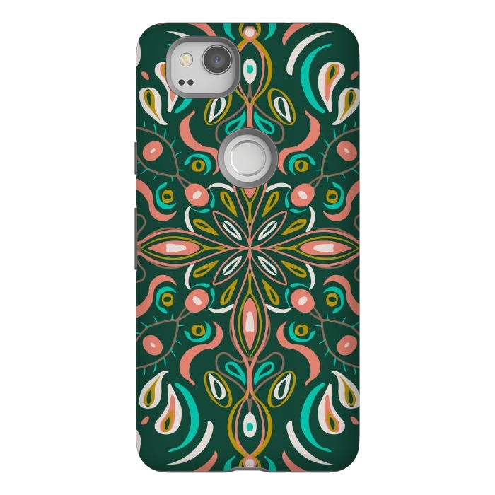 Pixel 2 StrongFit Bold Boho Mandala in Green Coral and Gold by ECMazur 