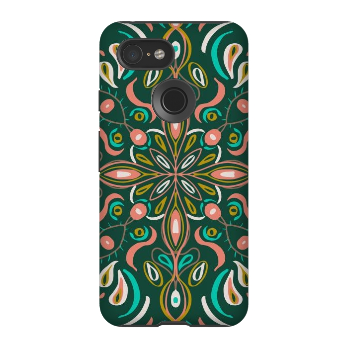 Pixel 3 StrongFit Bold Boho Mandala in Green Coral and Gold by ECMazur 