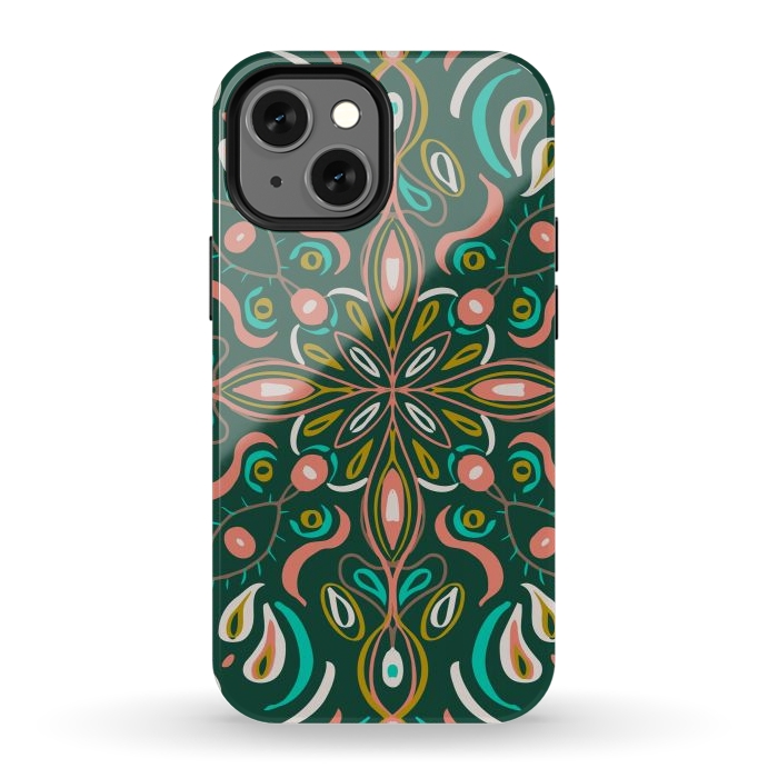 iPhone 12 mini StrongFit Bold Boho Mandala in Green Coral and Gold by ECMazur 