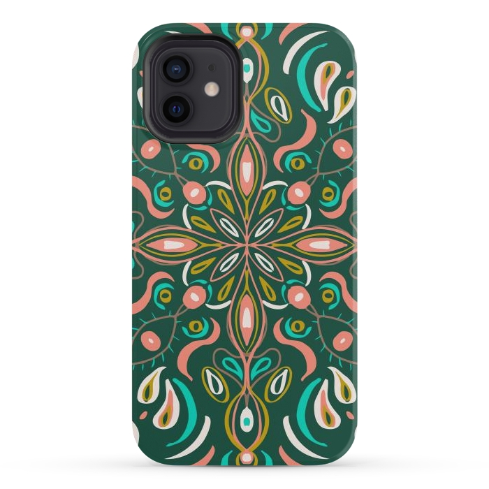 iPhone 12 StrongFit Bold Boho Mandala in Green Coral and Gold by ECMazur 