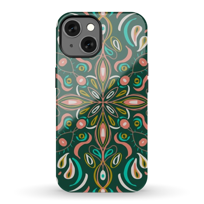 iPhone 13 StrongFit Bold Boho Mandala in Green Coral and Gold by ECMazur 