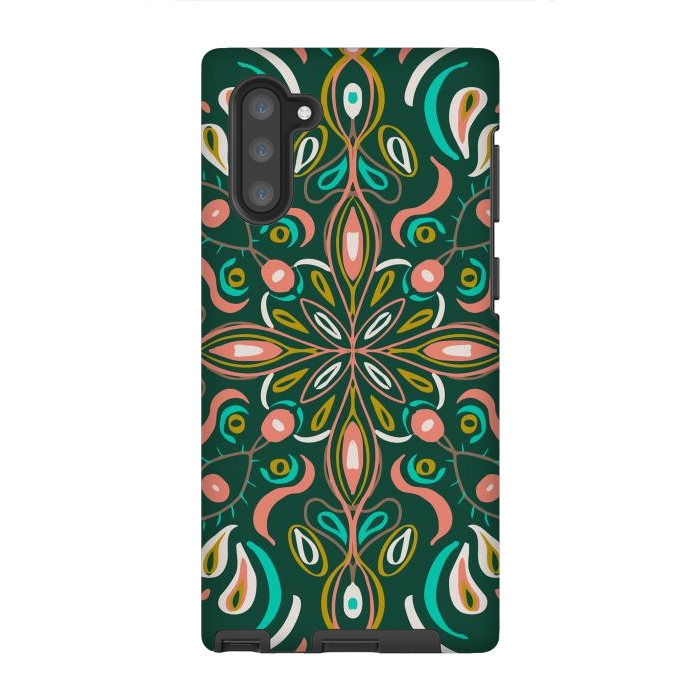 Galaxy Note 10 StrongFit Bold Boho Mandala in Green Coral and Gold by ECMazur 